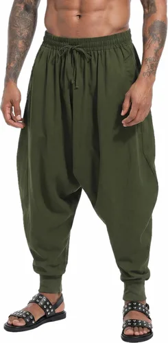 Vista 12 de perdontoo Pantalones harén para hombre, ajuste holgado, cintura elástica, cordón ajustable, pantalones hippie Aladdin beige
