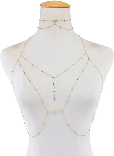 Vista 2 de Asooll Collar de cadena con cuentas de cristal y diamantes de imitación para el cuerpo y la joyería del cuerpo del sujetador del bikini