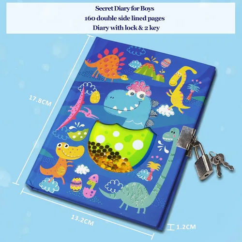 Vista 2 de GINMLYDA Diario para niños con candado, diarios de dinosaurios 7.1x5.3 160 páginas, diario secreto para niños, lindo cuaderno con cerradura y llave