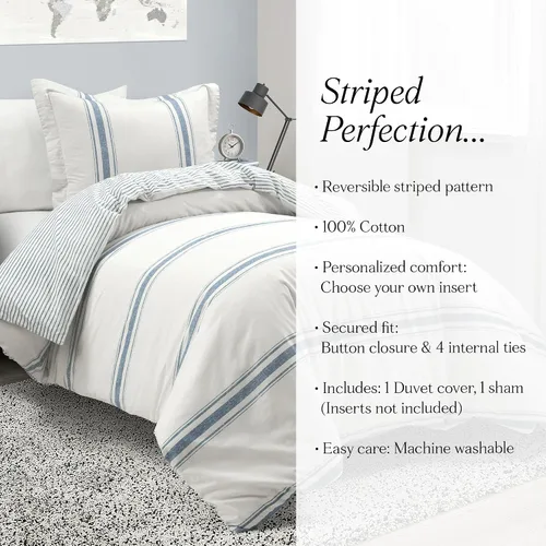 Vista 9 de Lush Decor Funda de Edredón Reversible de Algodón a Rayas Estilo Granja Twin XL Juego de 2 Piezas Azul - Juego de Ropa de Cama Twin XL - Funda