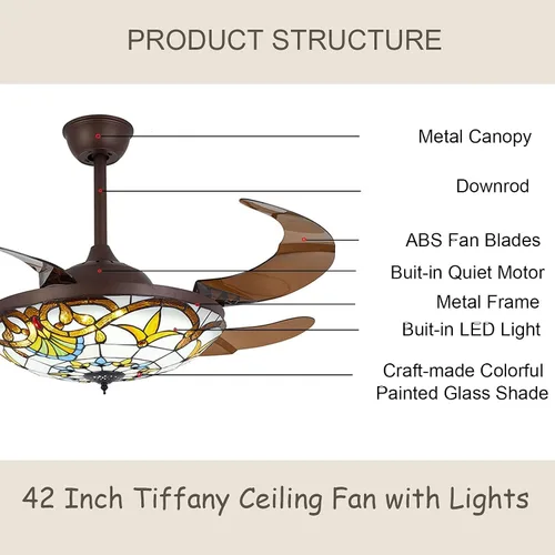 Vista 4 de TFCFL Ventilador de techo invisible estilo Tiffany de 42 pulgadas con luces y control remoto, cuchillas retráctiles, 3 velocidades, 3 cambios