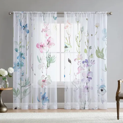 Vista 9 de Cortinas de hojas florales Fereyis para sala de estar de 63 pulgadas de largo, juego de 2 paneles, elegantes cortinas azul y rosa con flores