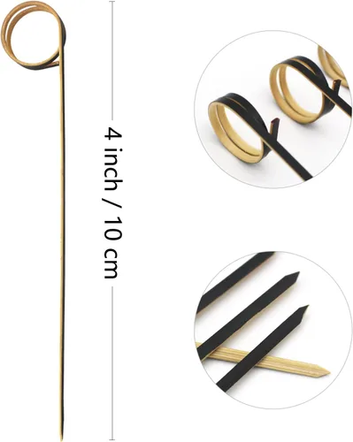 Vista 2 de BLUE TOP Palillos de Cóctel de Bambú 100 PIEZAS Brochetas de Bambú Negro de 4 Pulgadas con Anillo en Bucle, Palillos para Comida, Palillos