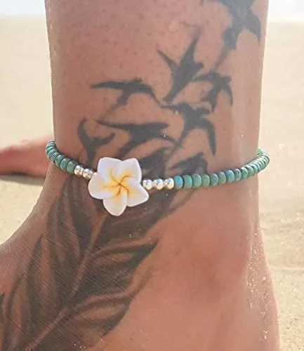 Vista 2 de Boho Beaded Anklet for Women and Teen Girls, Unique Bohemian Turquoise and Sterling Silver Beaded Anklet with Hawaii Hawaiian Plumeria Flower