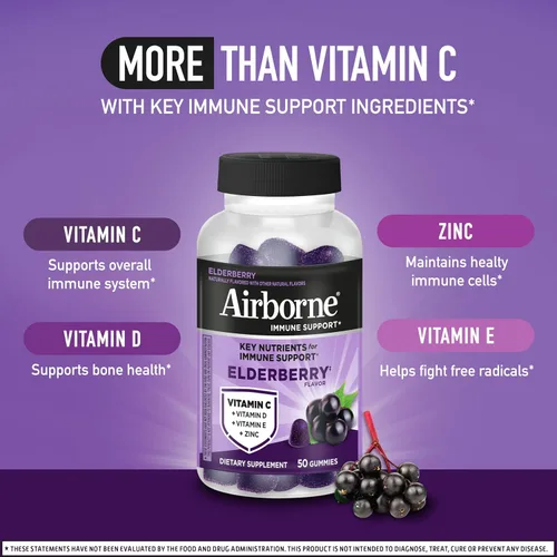 Vista 3 de Airborne - Gomitas de saúco + zinc y vitamina C para adultos, suplemento para fortalecer el sistema inmunológico con vitaminas D y zinc