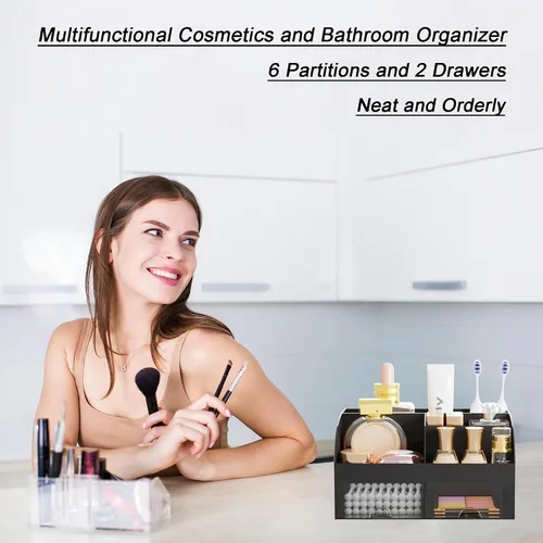 Vista 3 de Organizador de maquillaje con 2 cajones, almacenamiento de cosméticos para tocador y encimera de baño, organización de maquillaje y almacenamiento