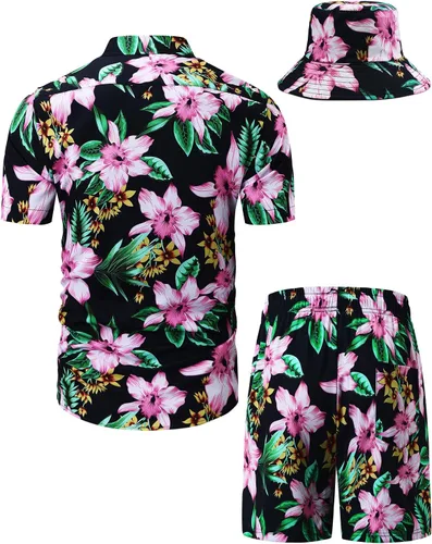 Vista 42 de TUNEVUSE Conjunto de camisas y pantalones cortos hawaianos para hombre, 2 piezas, trajes de playa con estampado de flores, traje tropical de verano