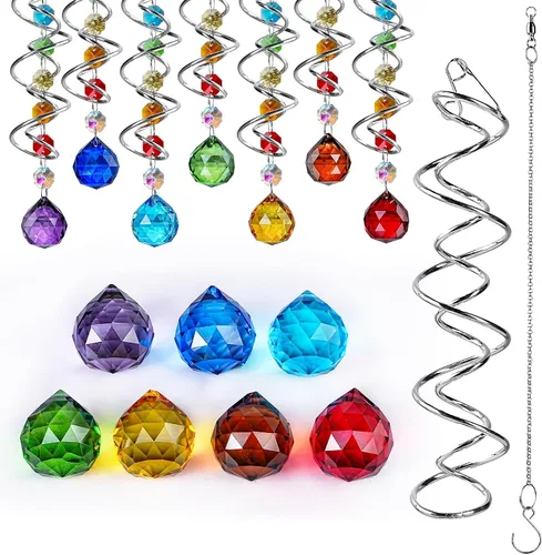 Vista 8 de Atrapasoles de cristal de 7 chakras, adornos de prismas de cristal colgantes con cuentas de arcoíris de 0.787 pulgadas para ventana, jardín