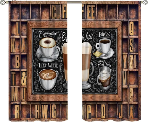Vista 23 de Cortinas de cocina con temática de café, juegos de 2 paneles, 42 x 45 pulgadas, patrón de fiesta de té para decoración de café Estilo-5