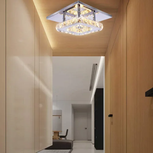 Vista 5 de Pequeña Lámpara de Araña LED de Cristal, Instalación Semiempotrada, Lámpara de Techo Moderna de Cristal para Dormitorios, Comedores, Pasillos