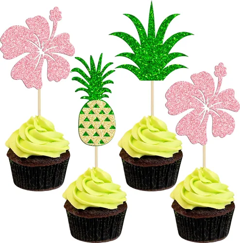 Vista 13 de Gyufise 1 pieza de decoración para pastel de cumpleaños Moana con purpurina de hoja de palma, flor de moana para pastel tropical hawaiano Luau, baby