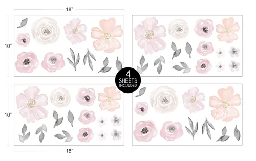 Vista 2 de Sweet Jojo Designs Juego de 4 hojas de calcomanías de pared (rosa/gris bohemio floral) para niñas, niños, dormitorio de niños, guardería, decoración