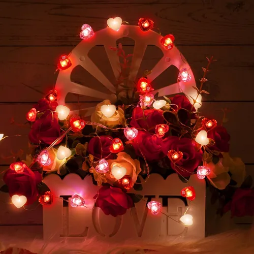 Vista 7 de Hiboom 2 tiras de luces de corazón para el día de San Valentín con temporizador de 10 pies, 30 luces LED en forma de corazón, 8 modos de Rojo