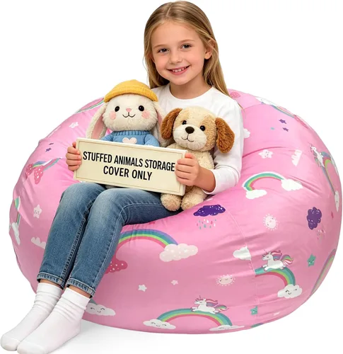 Vista 11 de Lukeight - Puf de almacenamiento de animales de peluche para niños, funda para puf de dinosaurio con cremallera para organizar la habitación