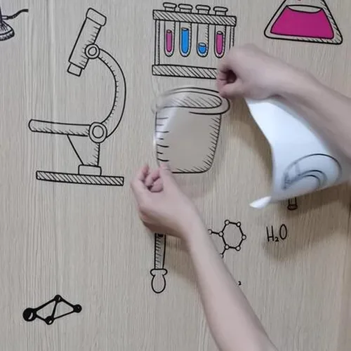 Vista 6 de Calcomanías de pared de laboratorio de ciencias al por mayor, calcomanías de vinilo para herramientas de elementos químicos para aula, dormitorio