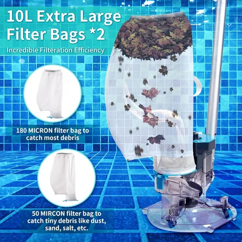 Vista 3 de Aspirador inalámbrico de hojas de piscina con bolsas de filtro dobles para piscinas sobre el suelo y enterradas, aspiradora de piscina resistente