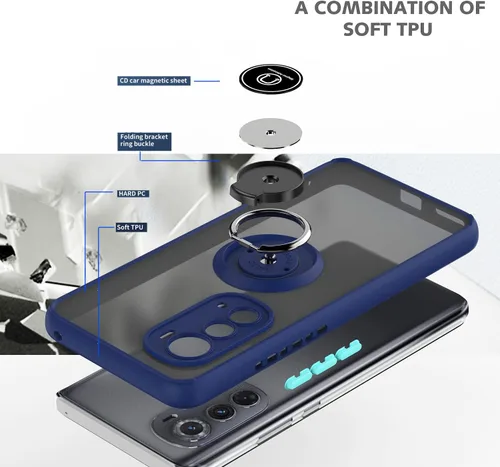 Vista 5 de TJS - Funda compatible con Motorola Moto Edge 2022 (negro) with Tempered Glass Screen Protector Metal Ring Magnetic Support Kickstand Heavy Duty