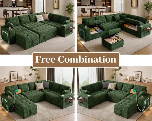 Vista 4 de Vipbear Sofá cama modular de 111 pulgadas, sofá cama modular de 7 asientos con cama extraíble, sofá en forma de L de felpilla con otomana de Verde