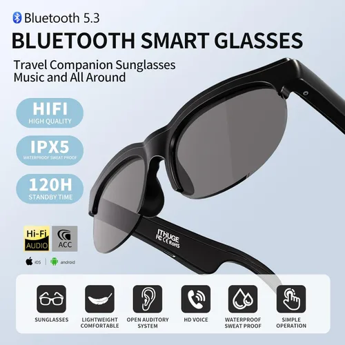 Vista 5 de Lentes de sol inteligentes con Bluetooth para hombres y mujeres, batería de 8 horas, llamadas y música manos libres, IPX5, impermeables
