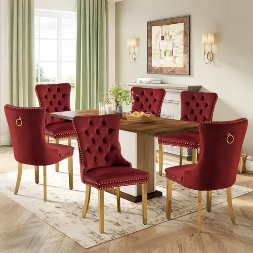Vista 88 de Juego de 2 sillas de comedor de terciopelo con patas de madera, color beige Mid Century Modern Dining Chairs,Upholstered Chairs with Nailhead