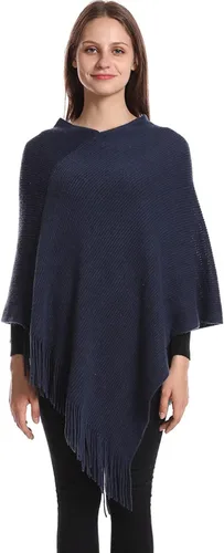 Vista 5 de Poncho para mujer, cuello en V, suéter de punto, chales, capas con flecos, regalos para mujeres y madres