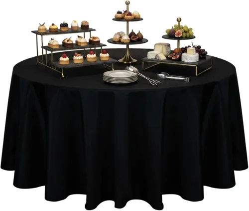 Vista 2 de Restaurantware Table Tek - Manteles redondos de 120 pulgadas para boda, 10 manteles redondos de poliéster negro, lavables, sin arrugas