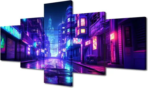 Vista 94 de Póster de 5 paneles en lienzo para decoración de pared, diseño de centro urbano Cyberpunk, impresión moderna, decoración de pared para el hogar