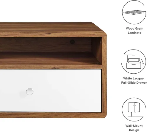 Vista 7 de Modway MOD-7059-WAL-WHI - Mesita de noche para montaje en pared, color nogal blanco
