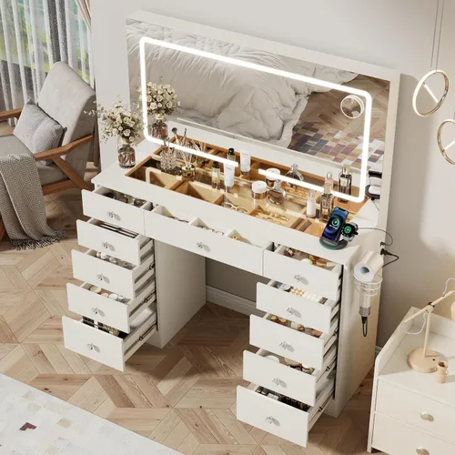 Vista 10 de Escritorio tocador Otterease con espejo y luces, escritorio de maquillaje con 11 cajones, tocador de maquillaje con superficie de vidrio templado, 3