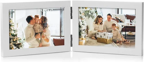 Vista 12 de Marco de fotos doble de 4 x 6 pulgadas con bisagras horizontales, marco de fotos plegable en madera de pino negro con vidrio real para mesa