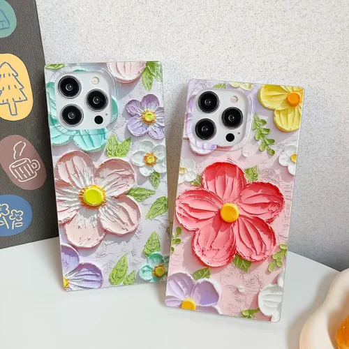 Vista 3 de Funda compatible con iPhone 14 Pro con borde rectangular, bonita funda protectora de lujo con pintura al óleo y flores para mujeres y niñas, funda
