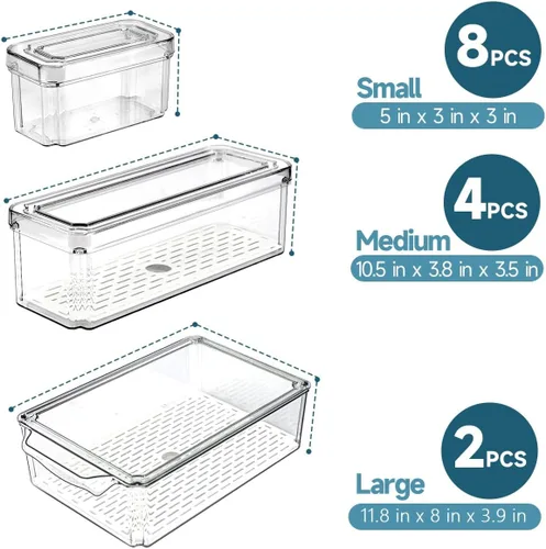 Vista 6 de Paquete de 14 organizadores para refrigerador y almacenamiento - Contenedores organizadores con tapas para refrigerador, organización sin BPA