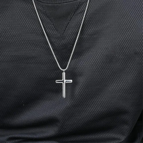 Vista 5 de Collar de cruz para hombre, colgante de cruz de acero inoxidable plateado y negro dorado para niños, regalos de fe para mujeres, cadena de caja