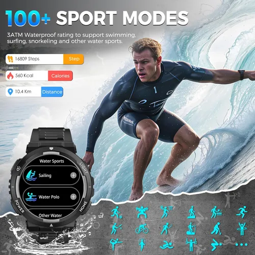 Vista 4 de Reloj inteligente militar para hombre (respuesta/hacer llamadas), reloj inteligente resistente con linterna LED, resistente al agua de 3 ATM
