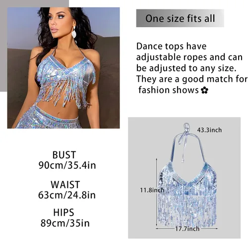 Vista 4 de Conjunto de falda para danza del vientre, lentejuelas brillantes, flecos, borlas y faldas cortas, para festivales y raves para mujer