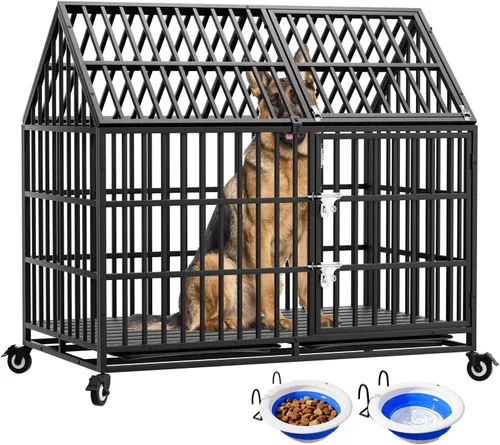 Vista 9 de Jaulas resistentes de 44 pulgadas para perros grandes, jaula indestructible a prueba de escapes con ruedas bloqueables, doble puerta de alta