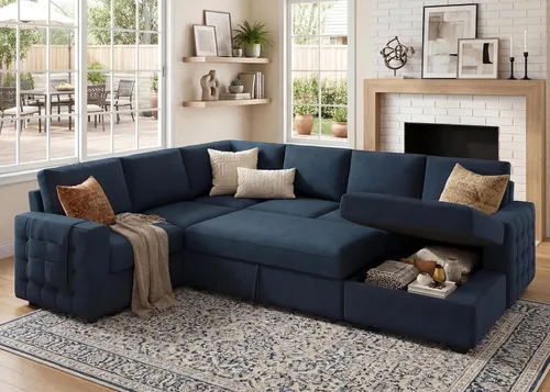 Vista 13 de HONBAY Sofá cama seccional con cama extraíble, sofá seccional en forma de U con diván de almacenamiento, sofá seccional de 6 plazas, terciopelo negro