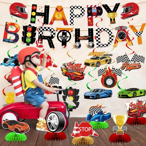 Vista 6 de Decoraciones de fiesta de autos de carreras, carteles de feliz cumpleaños, remolinos colgantes con temática de panal de abejas para autos