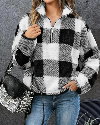 Vista 2 de BTFBM - Suéter sin botones de sherpa con capucha para mujer, con 14 de cremallera y manga larga, suave y mullida, de vellón