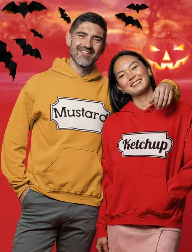 Vista 2 de Sudaderas con capucha para parejas, Ketchup y Mostaza para Halloween, Traje a juego para él y ella