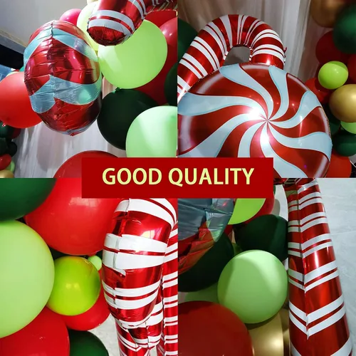 Vista 7 de Kit de arco de guirnalda de globos de Navidad con globos de Navidad, rojo, dorado, verde oscuro, globo verde fresco y globos de caramelo, caja