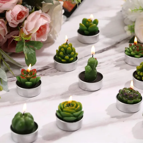 Vista 7 de 12 Piezas Velas de Suculentas Novedosas Hechas a Mano Velas de Té de Cactus Delicadas y Elegantes Velas de Plantas Mini Velas de Cactus