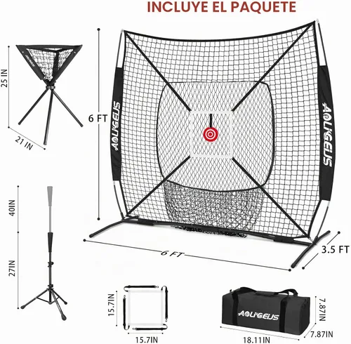 Vista 7 de 6'x6' Baseball Softball Practice Net, Batting Tee & Ball Caddy