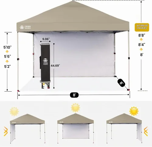 Vista 3 de CROWN SHADES Toldo desplegable de 8 x 8 con 1 pared lateral, tienda de campaña para playa, beige