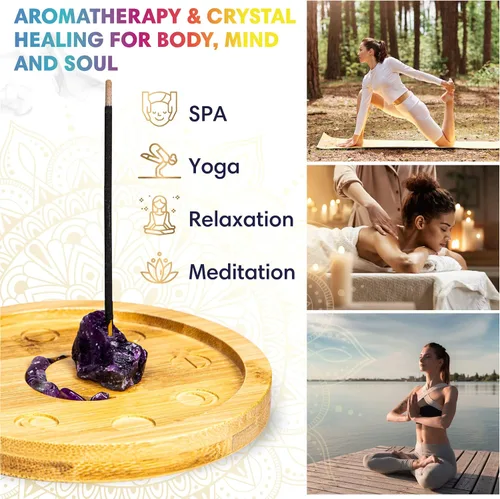Vista 5 de OSANA Soporte de incienso de meditación para palos, soporte para quemador de incienso de cristal de fase lunar de amatista, soporte para varillas