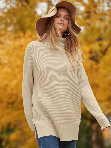 Vista 5 de ANRABESS Suéter tipo túnica de punto con cuello alto para mujer, manga larga de murciélago, dobladillo dividido, ropa de moda 2024