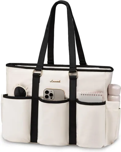Vista 12 de LOVEVOOK bolso tote vintage para laptop para mujer, Beige-Negro, 15,6 pulg., Moda