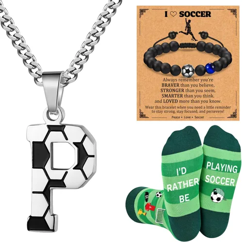 Vista 17 de Soccer Gifts Set A-Z Letter Soccer Necklace for Men Novelty Soccer Socks&Soccer Bracelets for Soccer Lovers
