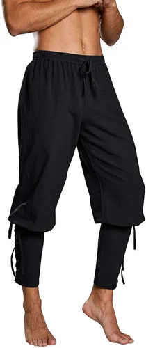 Vista 7 de Pantalones de tobillo medievales para hombre, disfraz de pirata vikingo, renacentista, con cordones, con bandas cónicas, pantalones casuales