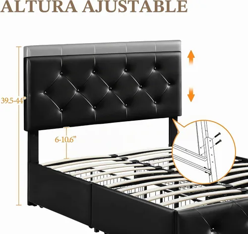 Vista 7 de Yaheetech - Marco de cama tapizado completo con cajones de almacenamiento, color negro PU leather & metal frame with wood slats give sturdy